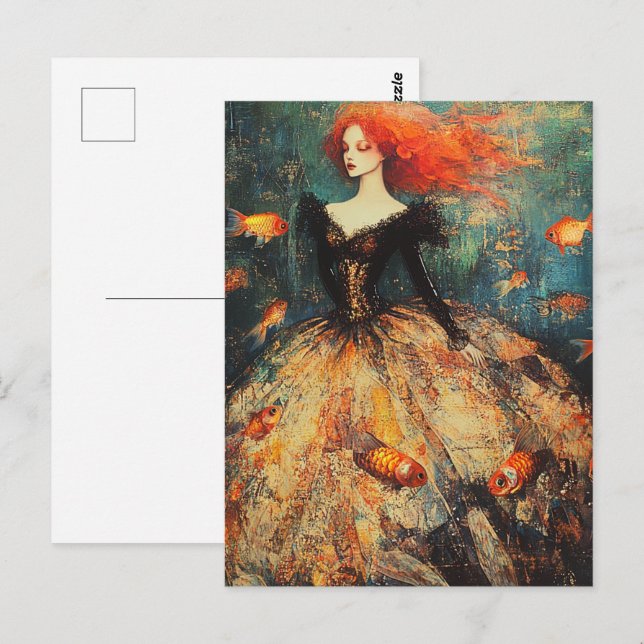 Frau in einer Kleiderpuppe für Fische mit Goldfish Postkarte (Vorne/Hinten)