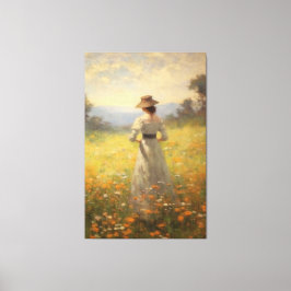 Frau in einer lebendigen Wildblume Wiesenölmalerei Leinwanddruck