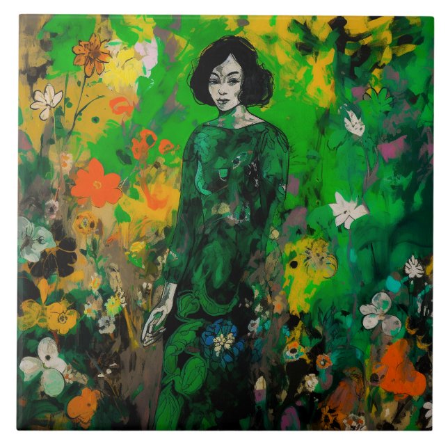 Frau in farbenprächtigem Feld Fliese (Vorderseite)