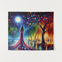 Frau in fließendem Gewand, die in farbenfrohen Wäl Wandteppich