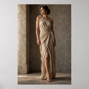 Frau in gerafftem elfenbeinfarbenem Kleid, sonnend Poster