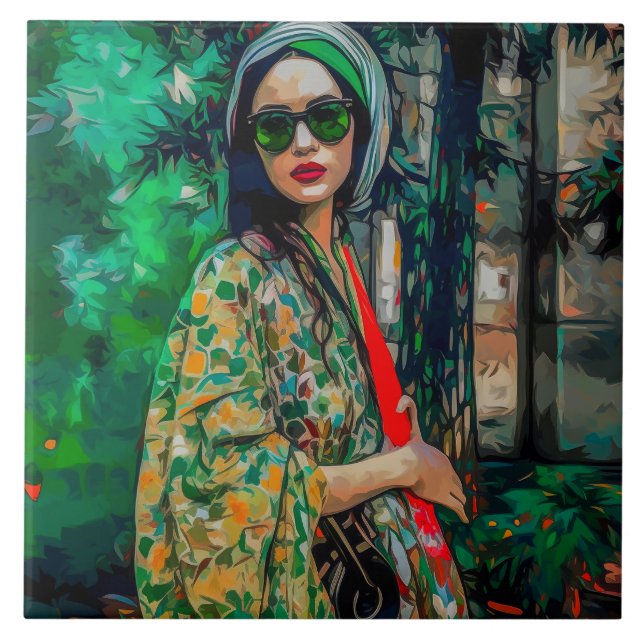 Frau in grüner Sonnenbrille Fliese (Vorderseite)