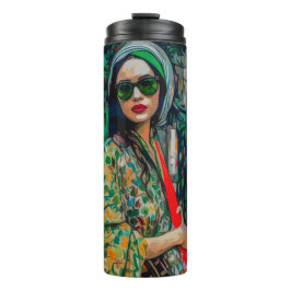 Frau in grüner Sonnenbrille Thermosbecher