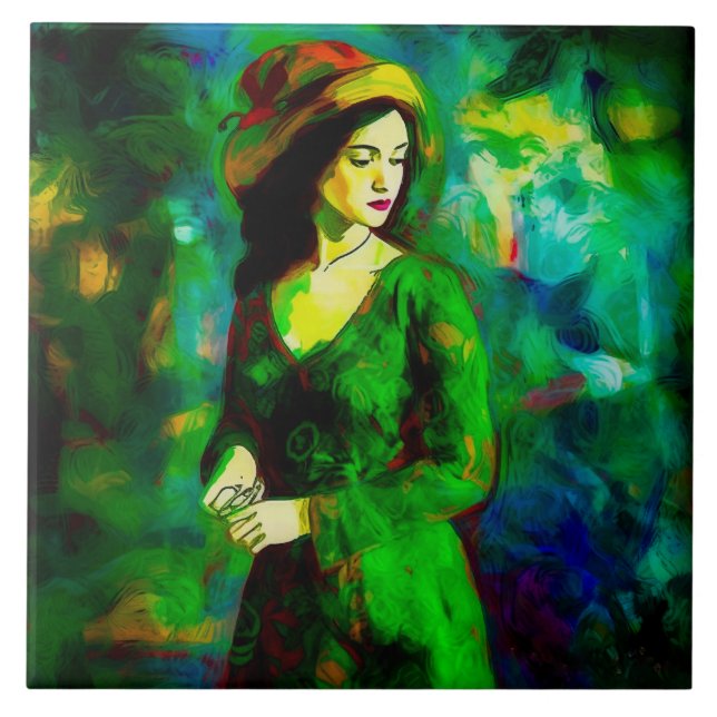 Frau in Hut Fliese (Vorderseite)