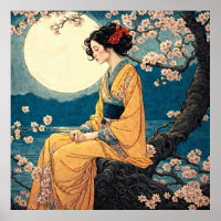 Frau in Kimono Cherry Blossom Mondlicht Nacht