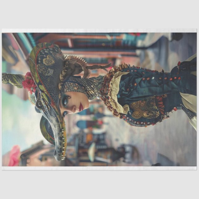 Frau in Kostümliedern-Alligator-Schönheitsdekoupag Seidenpapier (Vorderseite)