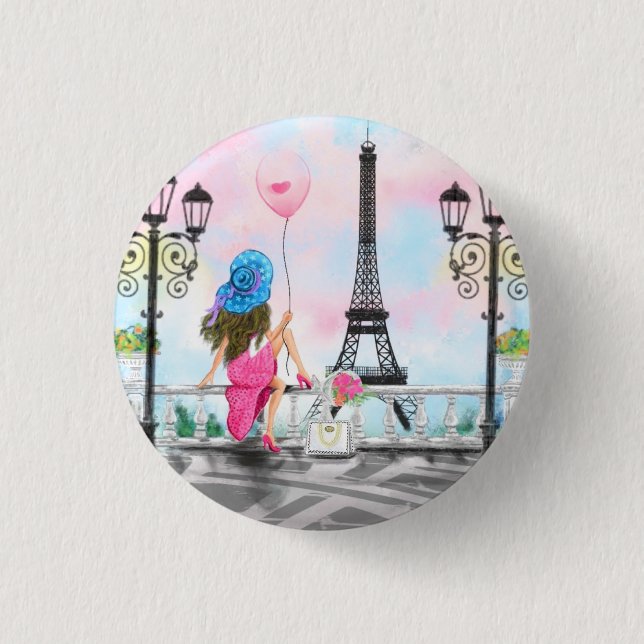 Frau in Paris Button mit Eiffelturm (Vorderseite)