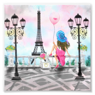 Frau in Paris Eiffelturm Fotodruck