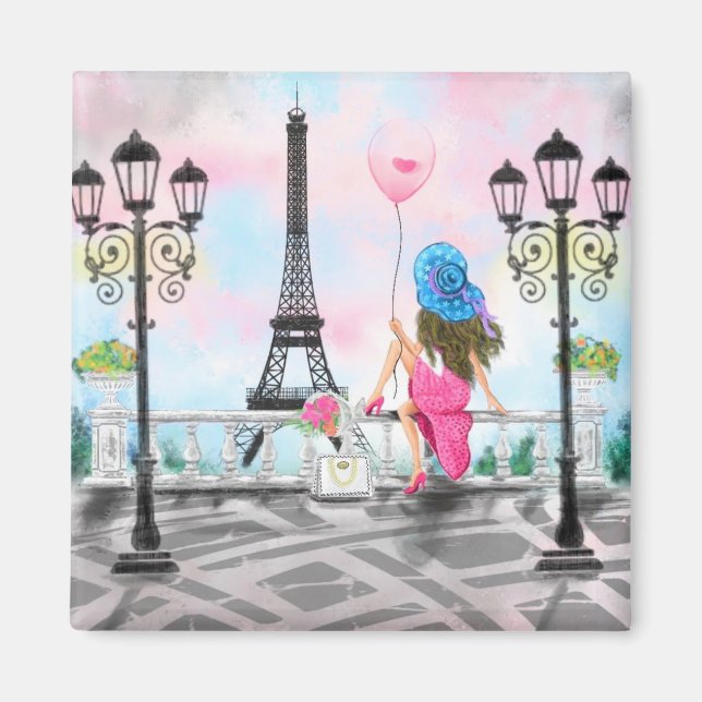 Frau in Paris Magnet Geschenk mit Eiffelturm (Vorne)