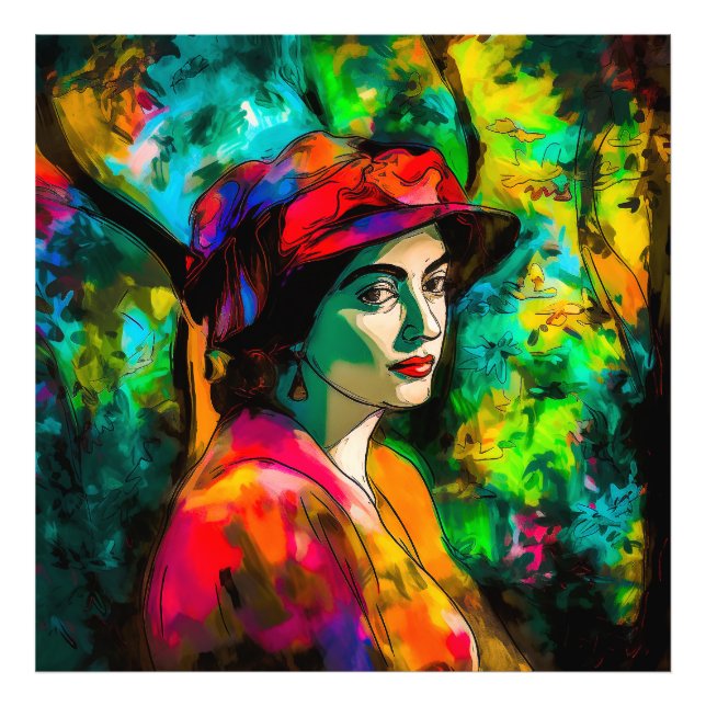 Frau in Red Hat Fotodruck (Vorne)