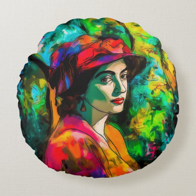 Frau in Red Hat Rundes Kissen (Vorderseite)