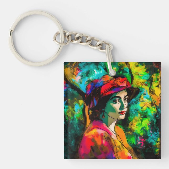 Frau in Red Hat Schlüsselanhänger (Vorderseite)