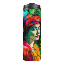 Frau in Red Hat Thermosbecher