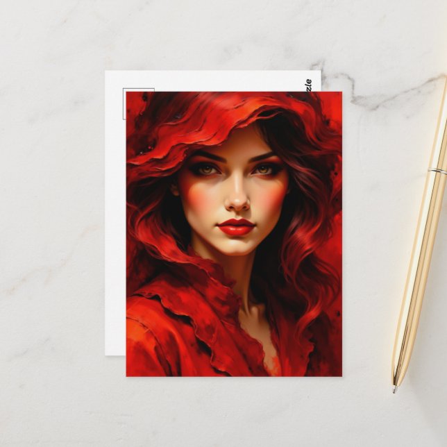 Frau in Rot Postkarte (Vorderseite/Rückseite Beispiel)
