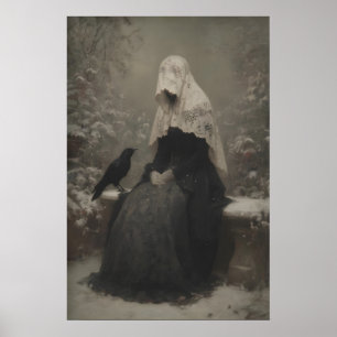 Frau in schwarzem Schleier mit Rabe Gotische Traue Poster