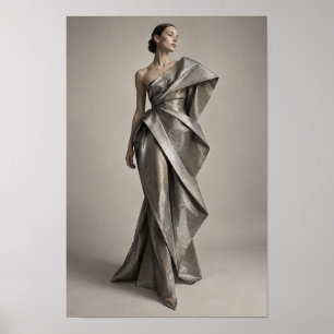 Frau in skulpturalem metallischem silbernen Kleid  Poster