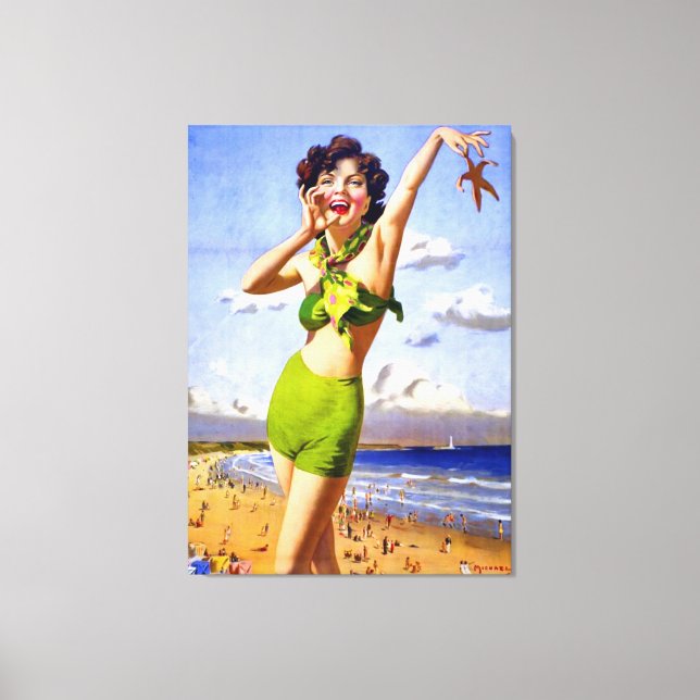 Frau in Swimsuit am Strand Leinwanddruck (Vorderseite)