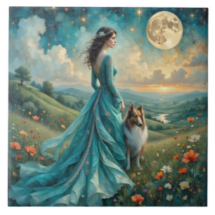 Frau in türkisfarbenem Kleid und Sable Rough Colli Fliese