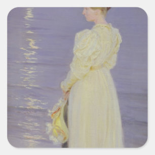 Frau in Weiß am Strand, 1893 Quadratischer Aufkleber