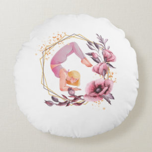 Frau in Yoga Pose Rosa Blume spirituell Rundes Kissen