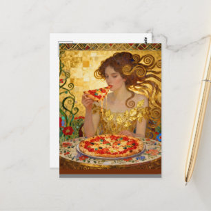 Frau isst Pizza Faux Klimt Kunst Postkarte