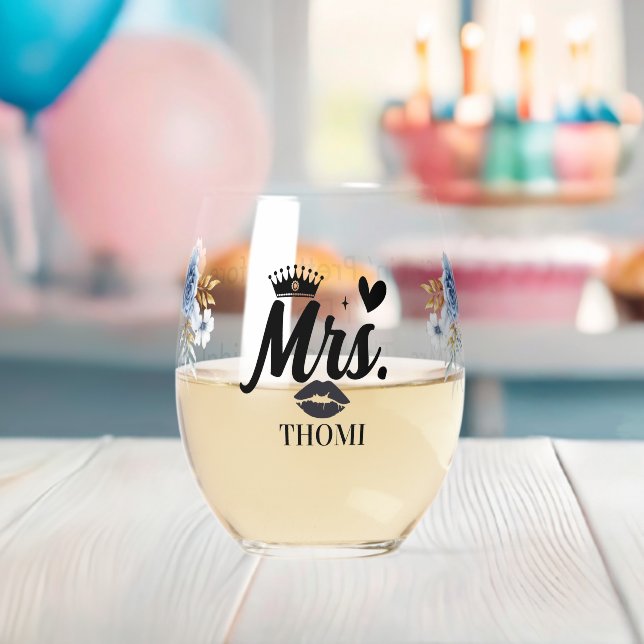 Frau Kronen Herz Lippen Blumen Blau Romantisch Weinglas Ohne Stiel (Insitu (Baby Party))