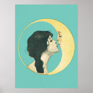 Frau küsst den Mond Vintag Art Print Poster