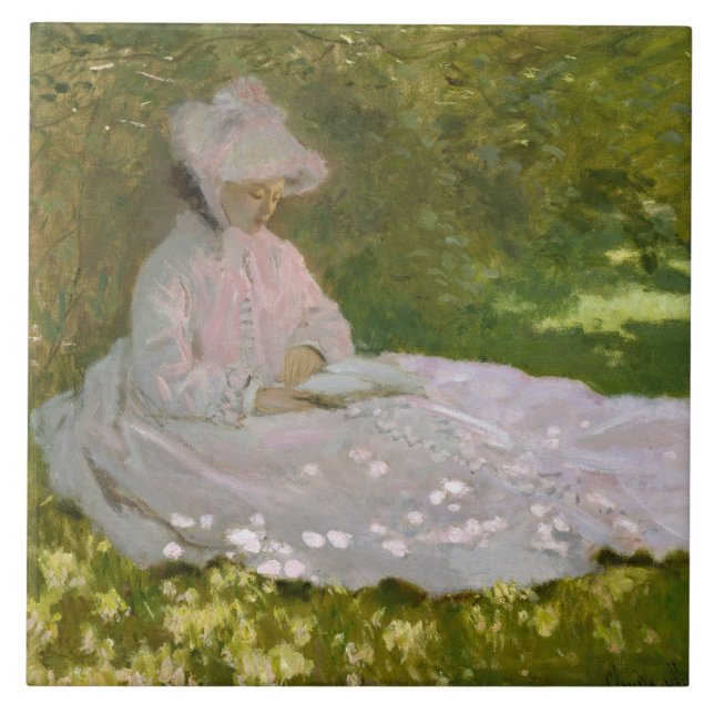 Frau liest Frühlings-Monet Fliese (Vorderseite)