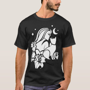Frau Lilien Blumen Katze Fantasy Mond Glamour Goth T-Shirt