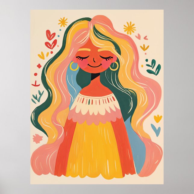 Frau Mädchen Süß Boho Blumen Illustration Poster (Vorne)