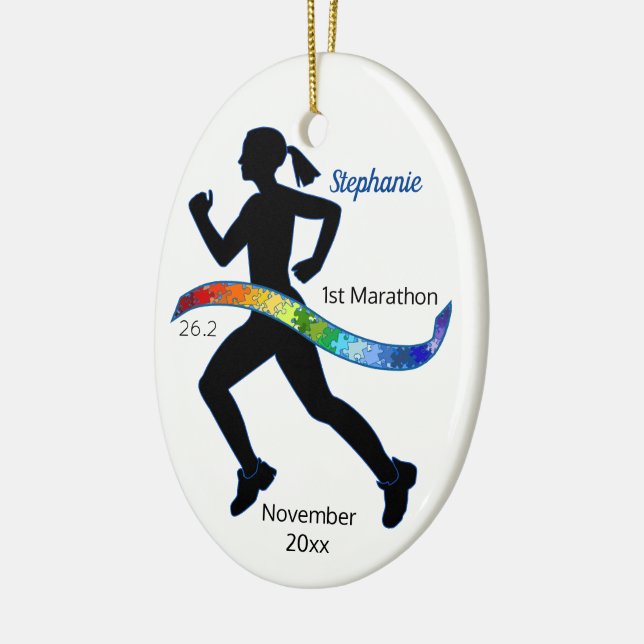 Frau Marathon Autism Puzzle Rainbow Ribbon Keramik Ornament (Links)