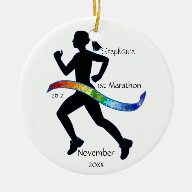 Frau Marathon Runner Puzzle Rainbow Ribbon Keramikornament (Vorne)