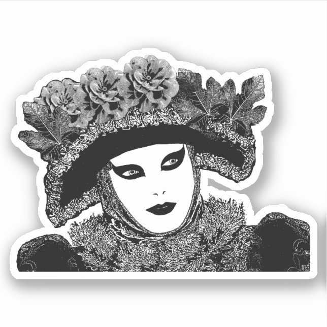 Frau Mardi gras Maske Schwarzweiß-Kunst Aufkleber (Vorderseite)