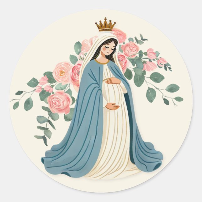 Frau Mary Floral Religious Runder Aufkleber (Vorderseite)