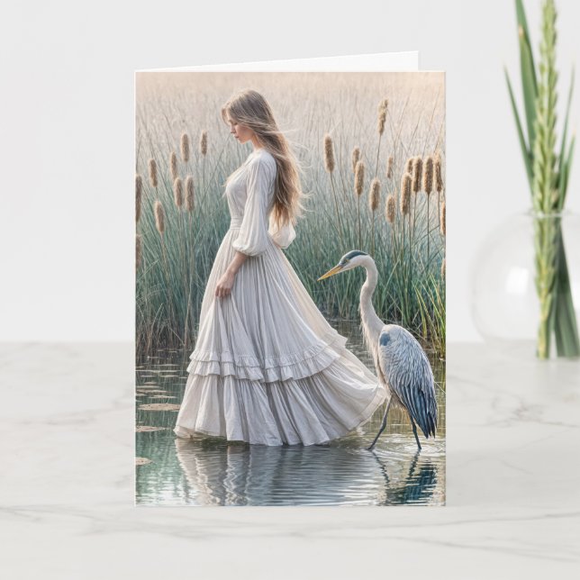 Frau mit blauem Heron zum Nachdenken Karte (Vorderseite)
