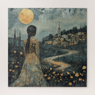 Frau mit Blick auf die Stadt Mondlicht