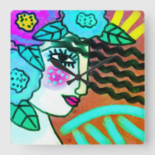 Frau mit Blume Abstrakte Kunst Quadratische Wanduhr