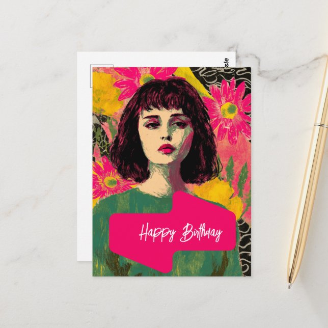 Frau mit Blume glücklich zum Geburtstag Postkarte (Vorderseite/Rückseite Beispiel)