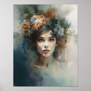 Frau mit Blume Head Art Print Poster