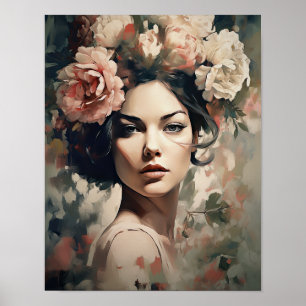 Frau mit Blume Head Art Print Poster