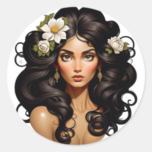 Frau mit Blume im Haar. Runder Aufkleber