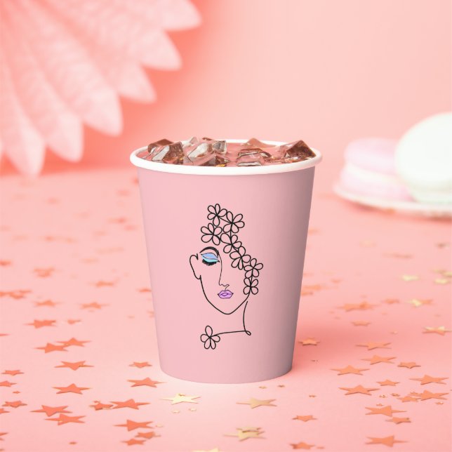 Frau mit Blume Linie Art Pink Pappbecher (Insitu)