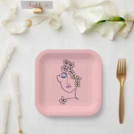 Frau mit Blume Linie Art Pink Pappteller
