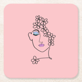 Frau mit Blume Linie Art Pink Rechteckiger Pappuntersetzer