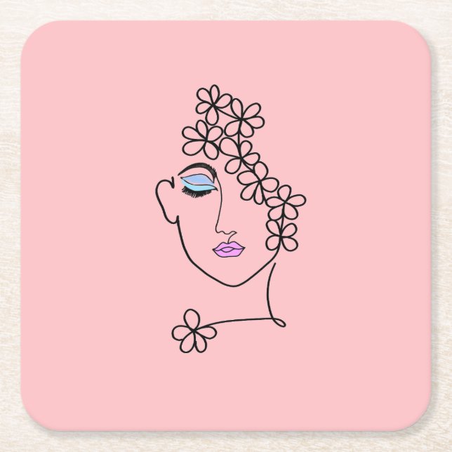 Frau mit Blume Linie Art Pink Rechteckiger Pappuntersetzer (Vorderseite)