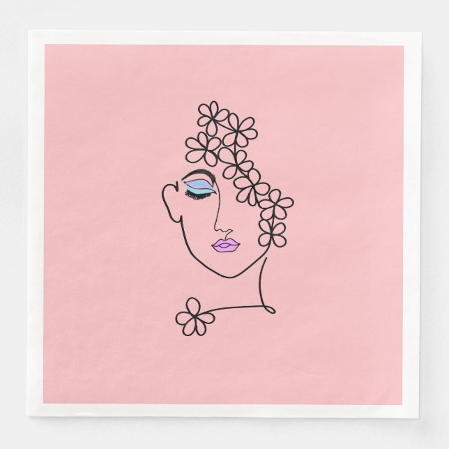 Frau mit Blume Linie Art Pink Serviette (Vorderseite)