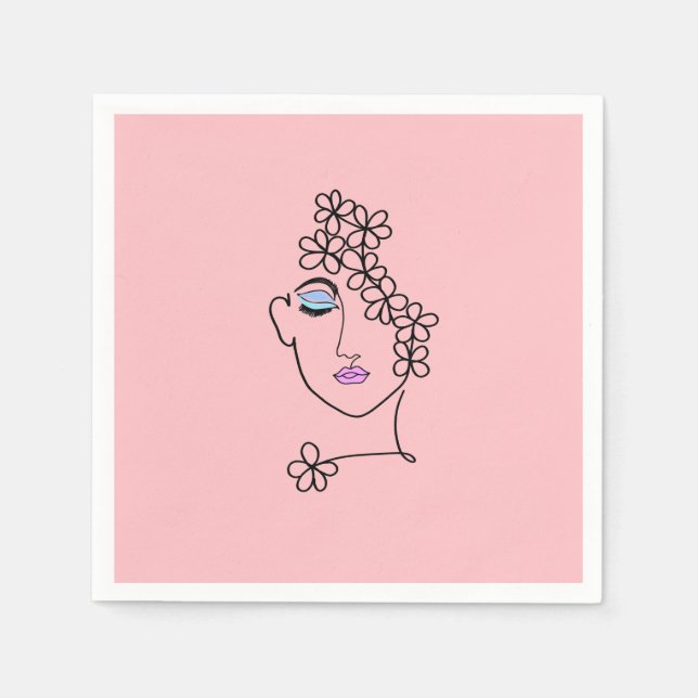 Frau mit Blume Linie Art Pink Serviette (Vorderseite)