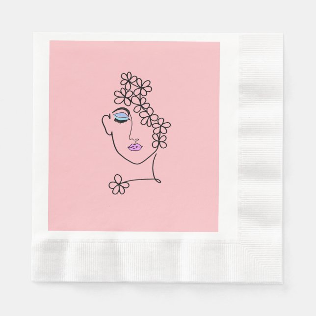 Frau mit Blume Linie Art Pink Serviette (Vorderseite)