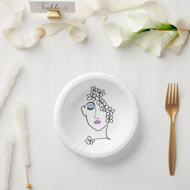 Frau mit Blumen Linienkunst  Pappteller (Hochzeit)