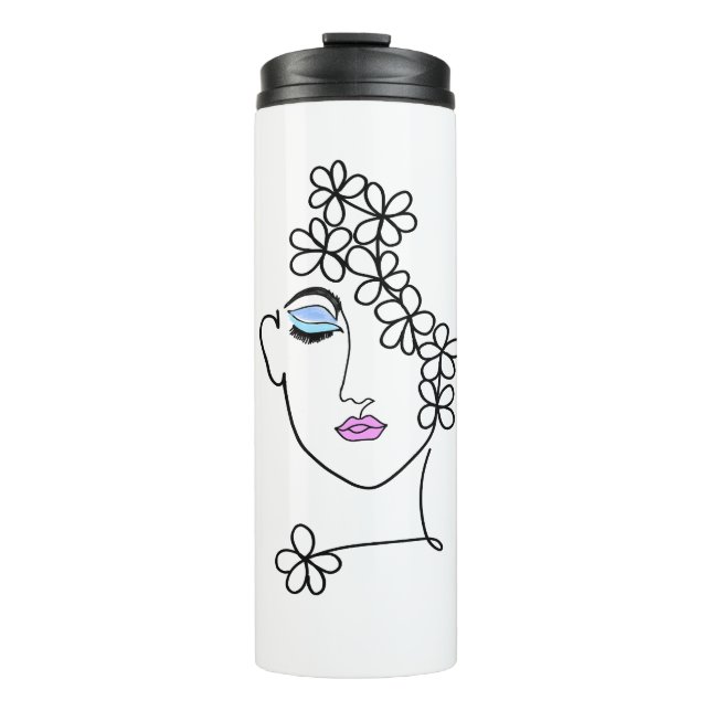 Frau mit Blumen Linienkunst   Thermosbecher (Vorderseite)